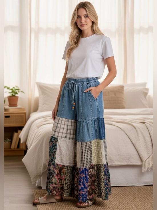 Young Threads Pants - Young Threads Wide Leg Boho Patchwork Pants – Blue Denim Panel NWT